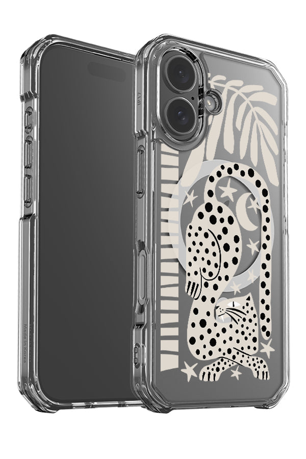 lounging jungle leopard clear impact magsafe phone case angle detail with a abstract leopard illustration with a palm tree and star and moon illustrations in beige