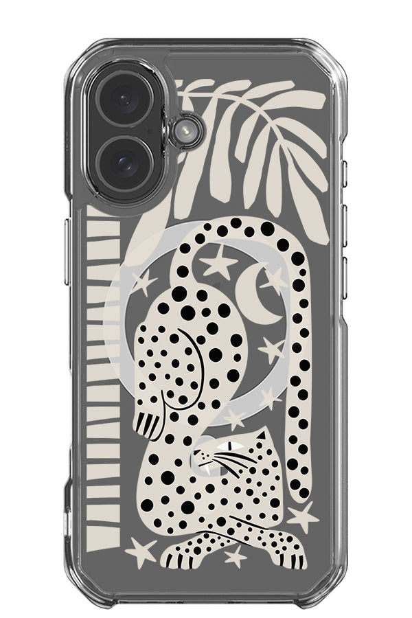 lounging jungle leopard clear impact magsafe phone case with a abstract leopard illustration with a palm tree and star and moon illustrations in beige