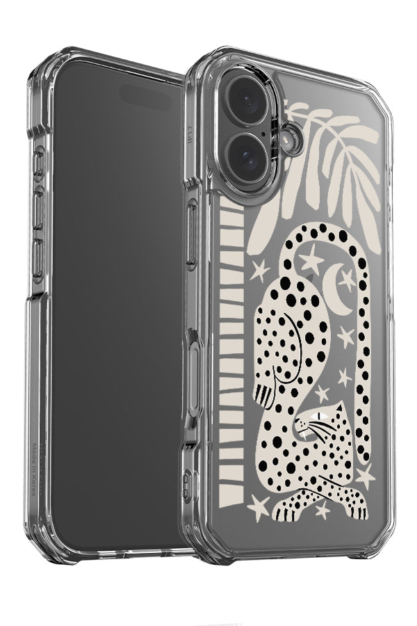 lounging jungle leopard clear impact phone case angle detail with a abstract leopard illustration with a palm tree and star and moon illustrations in beige