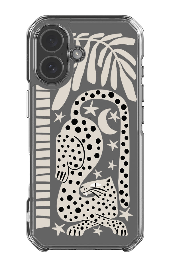 lounging jungle leopard clear impact phone case with a abstract leopard illustration with a palm tree and star and moon illustrations in beige
