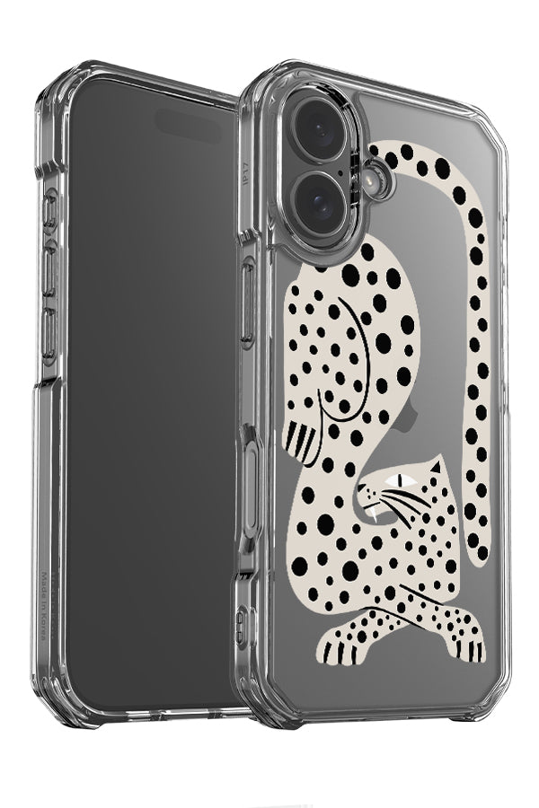 Lounging leopard clear impact phone case angle detail with a bold abstract leopard illustration in white