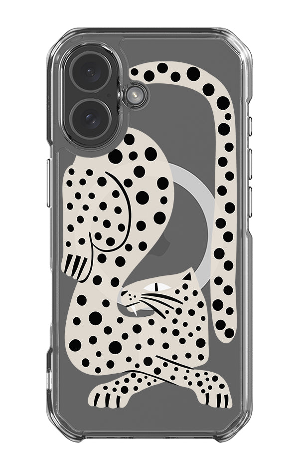 Lounging leopard clear impact MagSafe phone case with a bold abstract leopard illustration in white