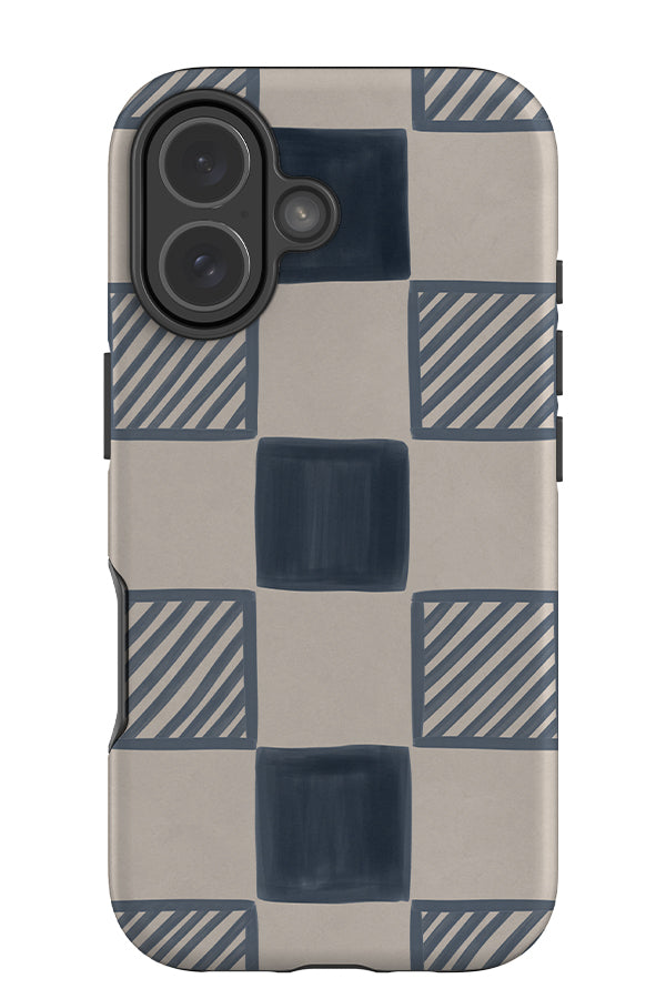marker diagonal check large tough phone case with a blue hand drawn check pattern with filled and diagonal stripped squares