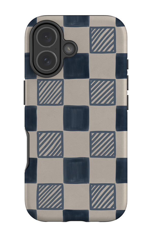 marker diagonal check small tough phone case with a blue hand drawn check pattern with filled and diagonal stripped squares