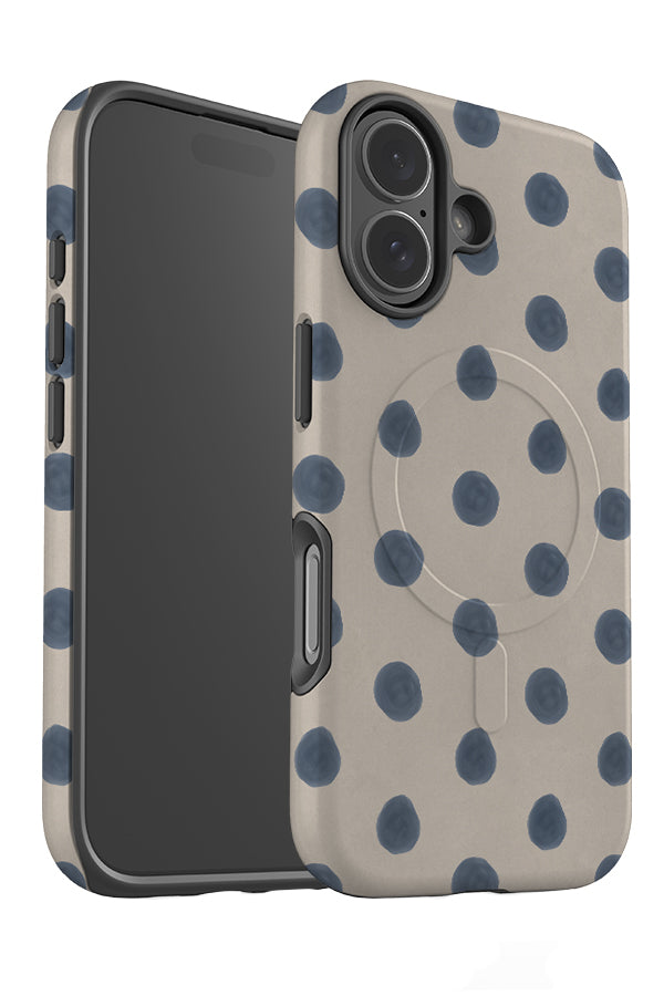 marker dot MagSafe phone case angle detail with textured hand drawn blue polka dots