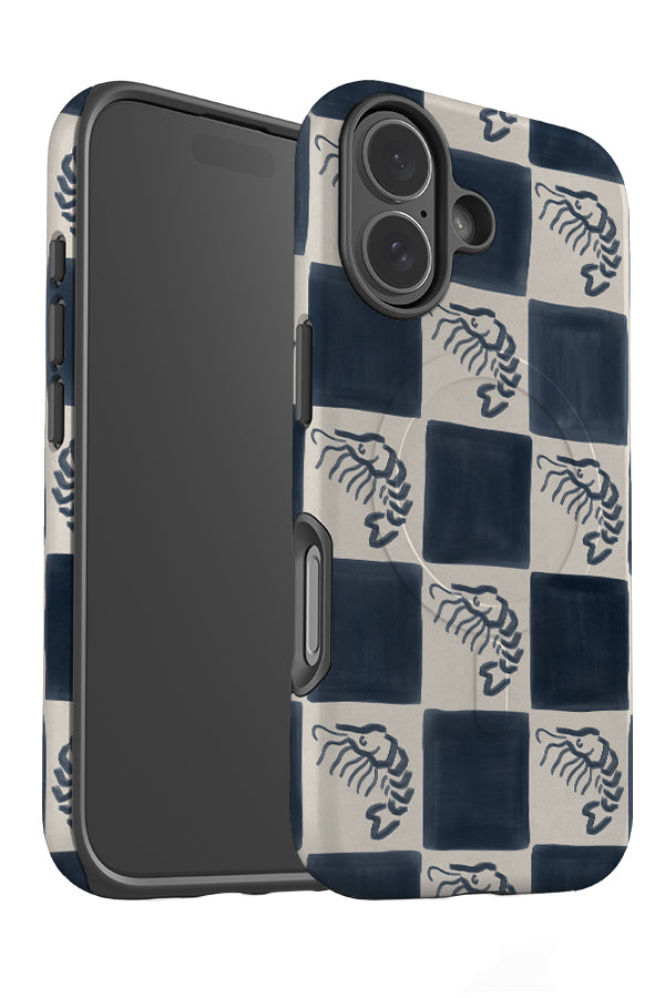 marker shrimp check MagSafe phone case angle view with a blue and beige check pattern with shrimp illustrations