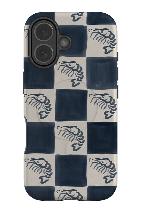 marker shrimp check MagSafe phone case with a blue and beige check pattern with shrimp illustrations