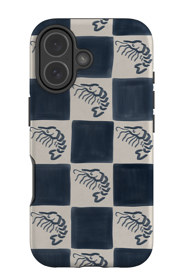 marker shrimp check tough phone case with a blue and beige check pattern with shrimp illustrations