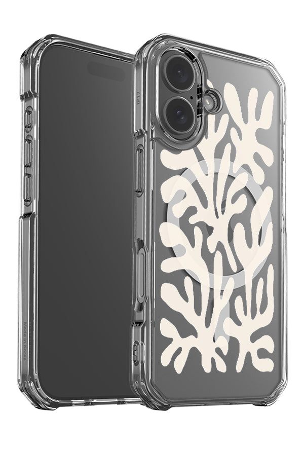 Matisse coral reef clear impact MagSafe phone case angle detail with abstract coral plant shapes in beige