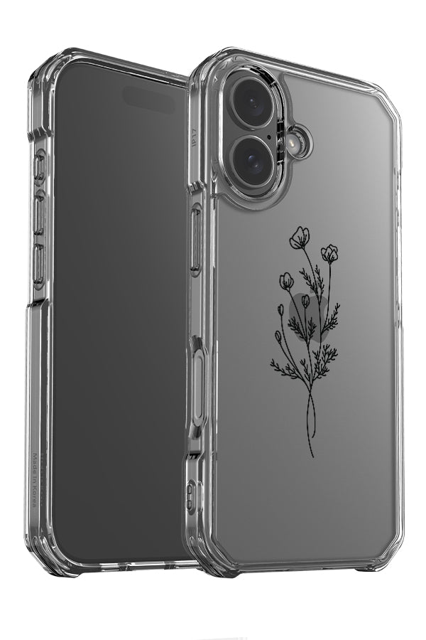 Modern minimalist flower clear impact phone case angle detail with a black line art wildflower illustration