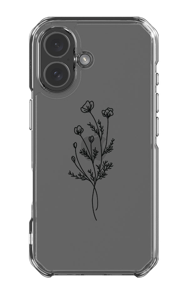 Modern minimalist flower clear impact phone case with a black line art wildflower illustration