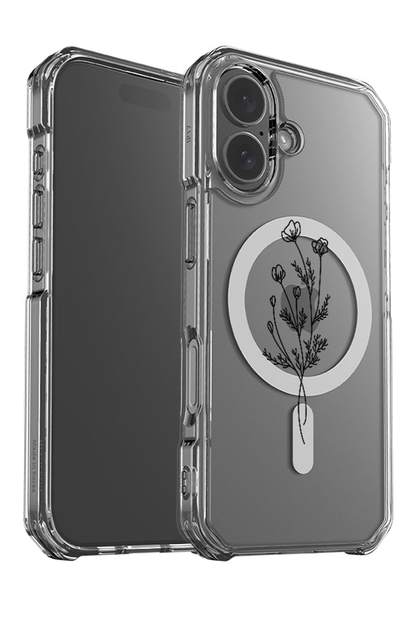 Modern minimalist flower clear impact MagSafe phone case angle detail with a black line art wildflower illustration