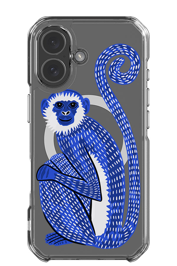 Monkey placement clear impact MagSafe phone case with a large, abstract bold monkey illustration in blue