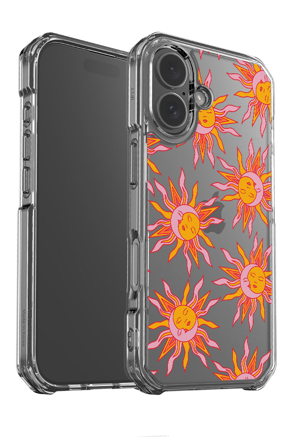 Moon and sun scatter clear impact phone case angle detail with mystical illustrations in pink and yellow