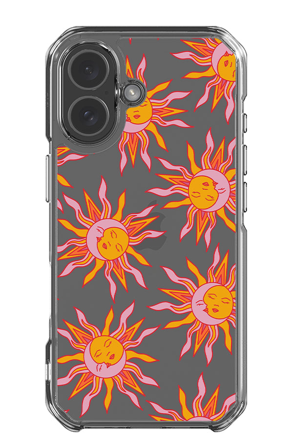 Moon and sun scatter clear impact phone case with mystical illustrations in pink and yellow