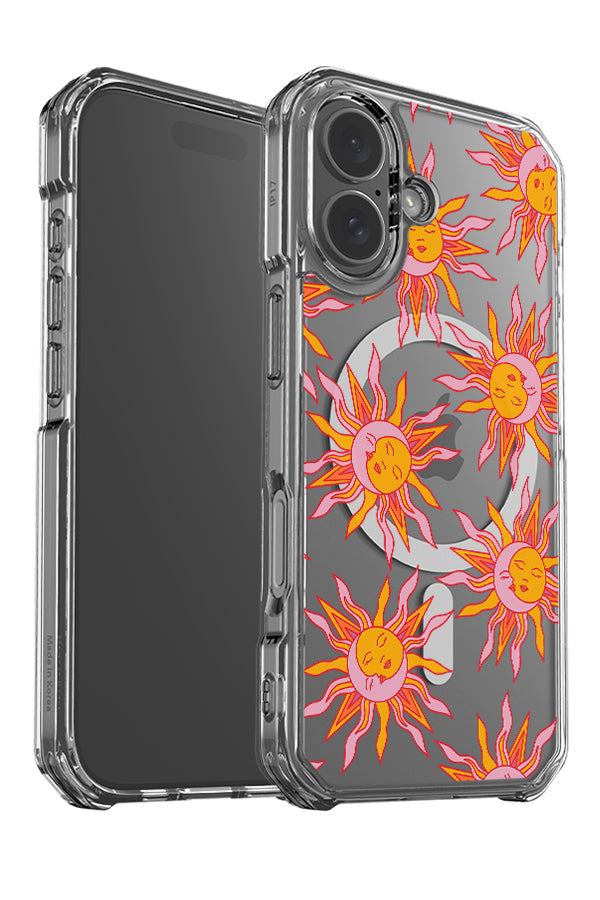 Moon and sun scatter clear impact MagSafe phone case angle detail with mystical illustrations in pink and yellow