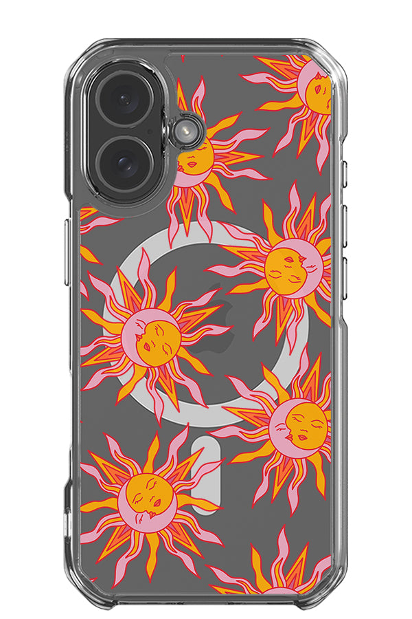 Moon and sun scatter clear impact MagSafe phone case with mystical illustrations in pink and yellow