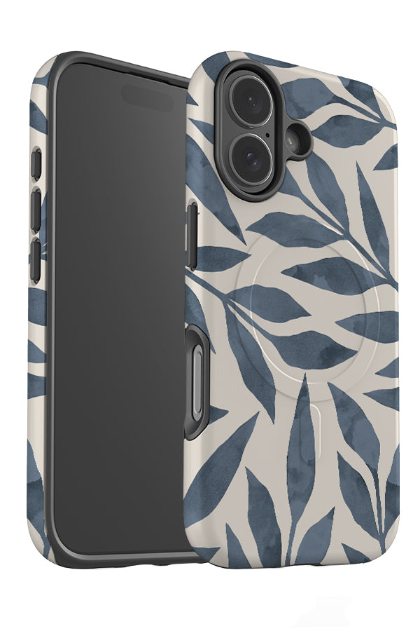 natural leaf MagSafe phone case angle detail with blue watercolour texture plants 