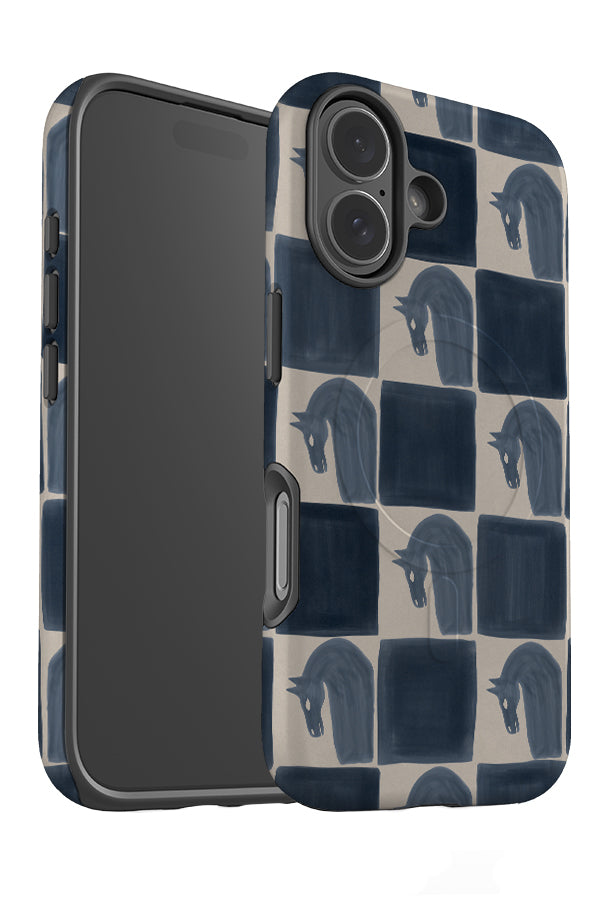 noble horse check MagSafe phone case angle detail with blue and beige checks with horse illustrations