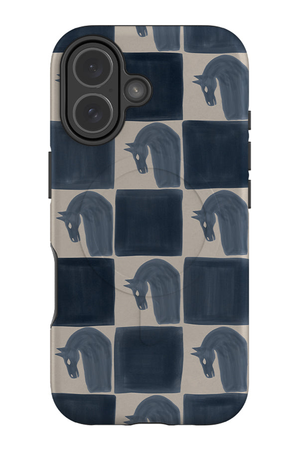 noble horse check MagSafe phone case with blue and beige checks with horse illustrations