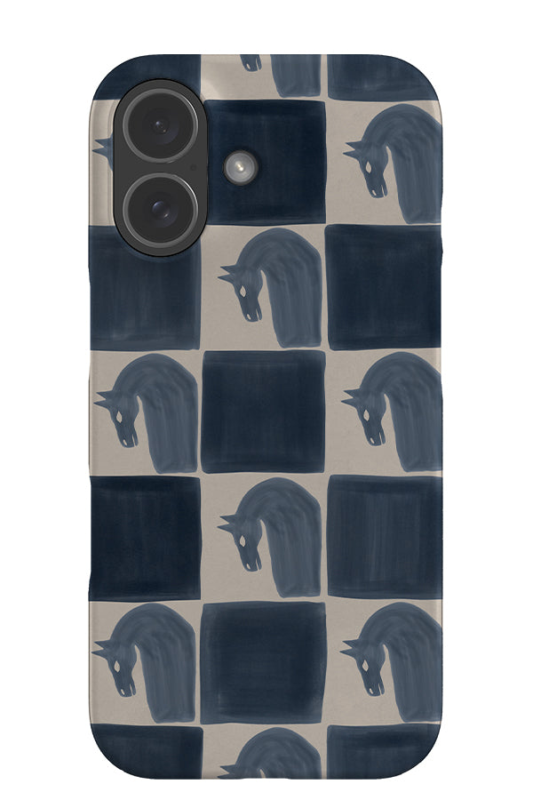 noble horse check snap phone case with blue and beige checks with horse illustrations