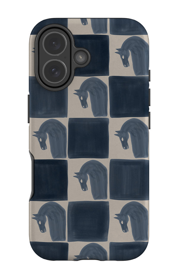noble horse check tough phone case with blue and beige checks with horse illustrations