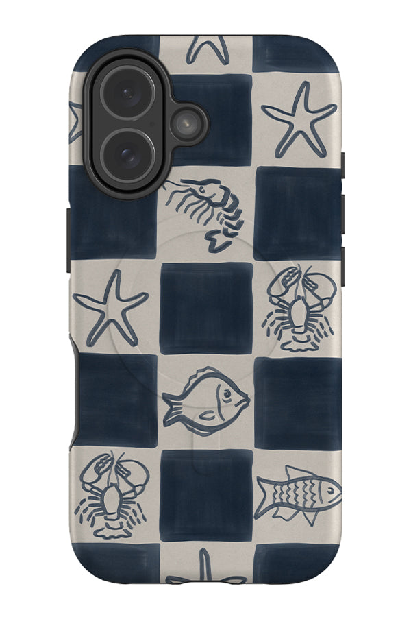 ocean life check MagSafe phone case with blue and beige checkered pattern with illustrated ocean animals