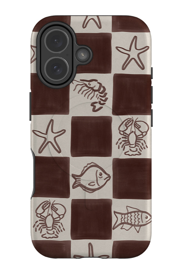 ocean life check MagSafe phone case with brown and beige checkered pattern with illustrated ocean animals