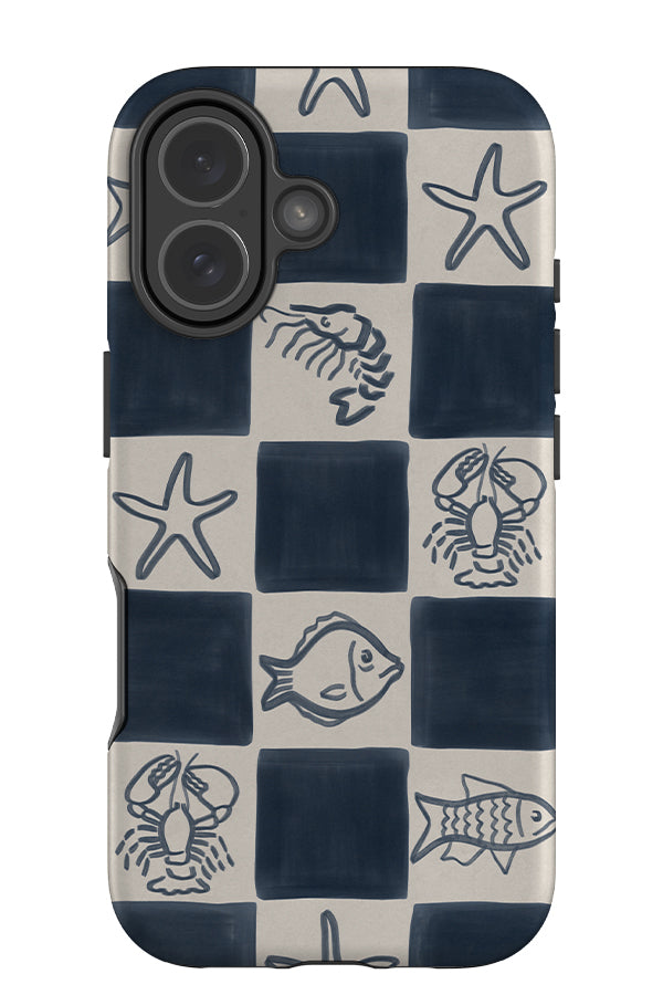 ocean life check tough phone case with blue and beige checkered pattern with illustrated ocean animals