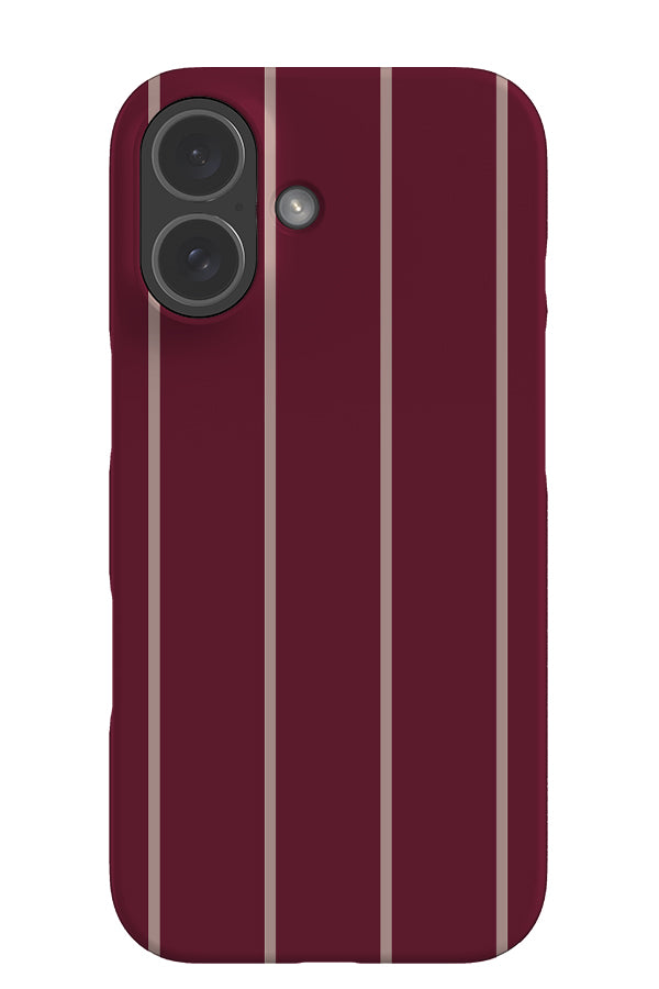 open line stripe snap phone case with a burgundy base and thin pink vertical stripes