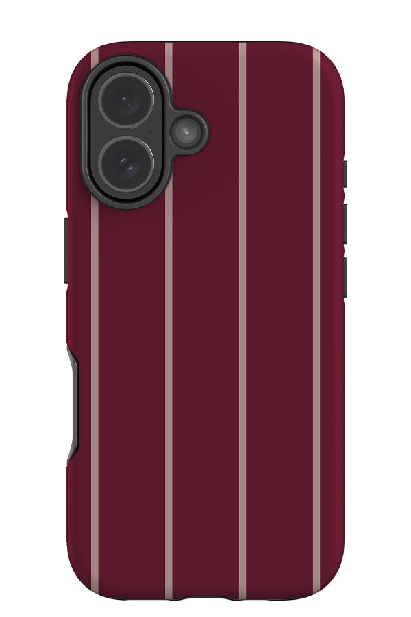open line stripe tough phone case with a burgundy base and thin pink vertical stripes