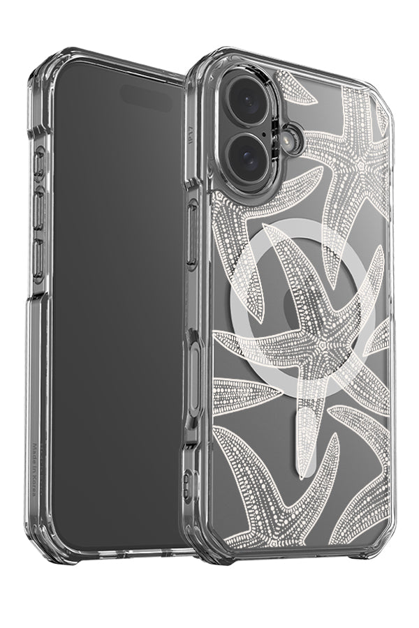 Oversized starfish clear impact MagSafe phone case angle detail with detailed line art starfish in beige