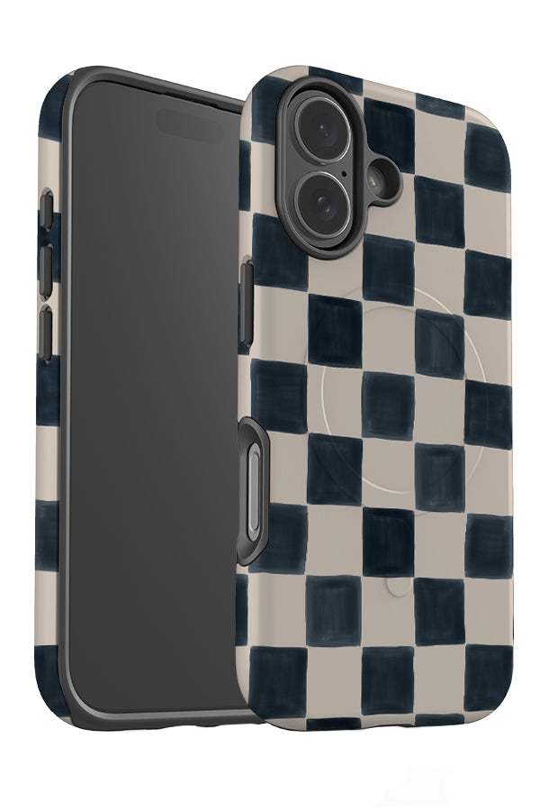 Painted check MagSafe phone case angle detail with hand painted squares in dark blue and beige