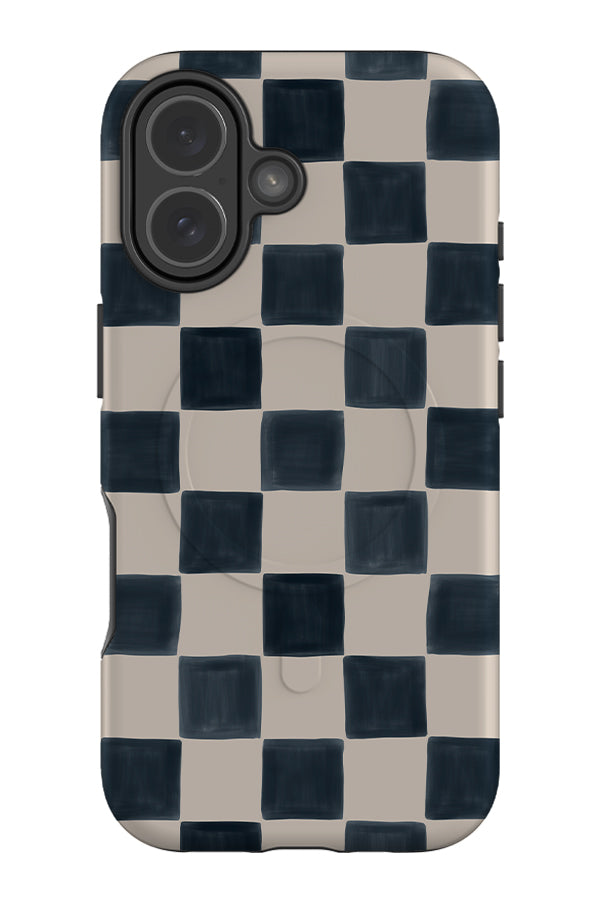 Painted check MagSafe phone case with hand painted squares in dark blue and beige