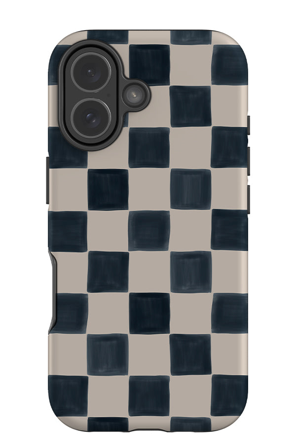 Painted check tough phone case with hand drawn blue and beige checks