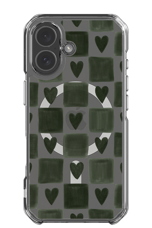 painted heart check clear impact MagSafe phone case with hand painted green checks with hearts