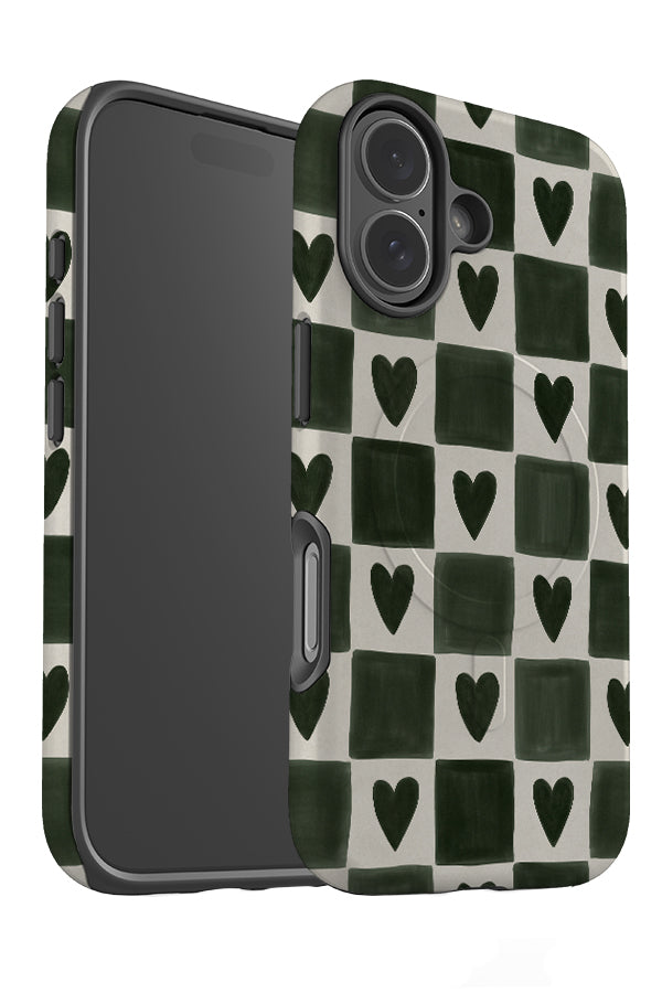 Painted heart check MagSafe phone case angle detail with green and beige handpainted checks and hearts