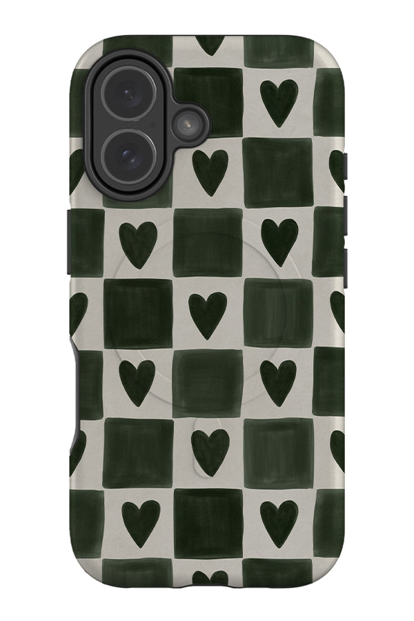 Painted heart check MagSafe phone case with green and beige handpainted checks and hearts