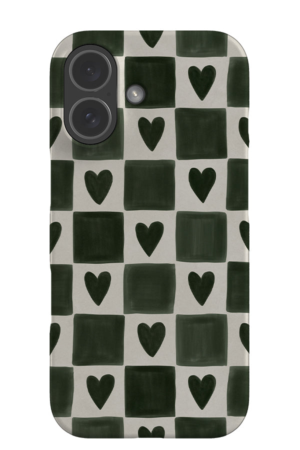 painted heart check snap phone case with hand painted green checks with hearts