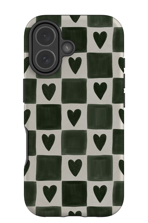 painted heart check tough phone case with hand painted green checks with hearts