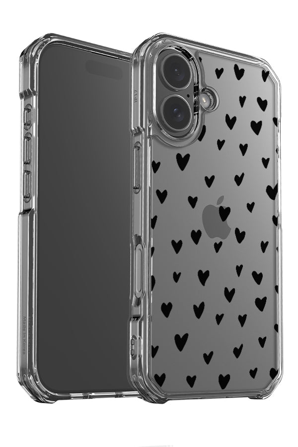 Hearts clear impact phone case angle detail with hand drawn black hearts 