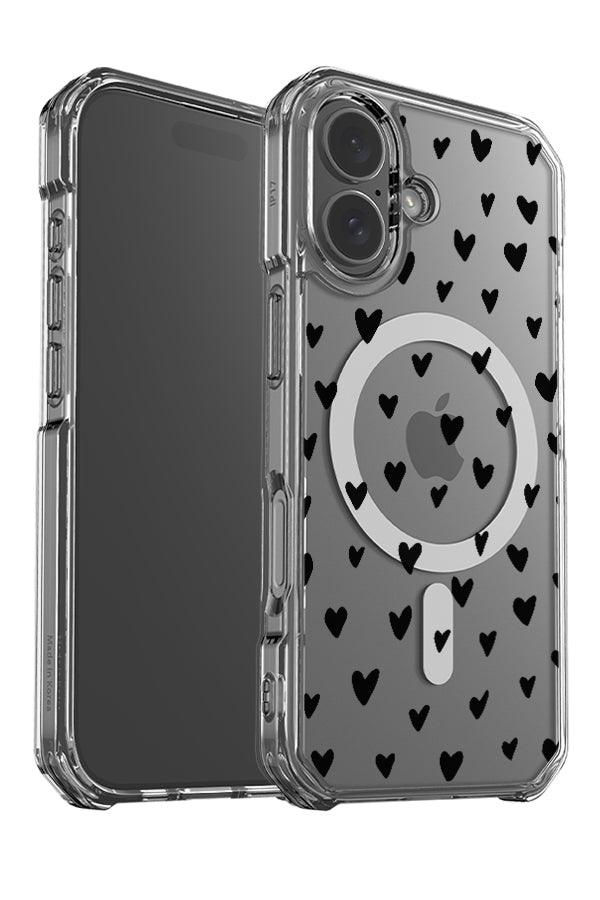 Hearts clear impact MagSafe phone case angle detail with hand drawn black hearts 