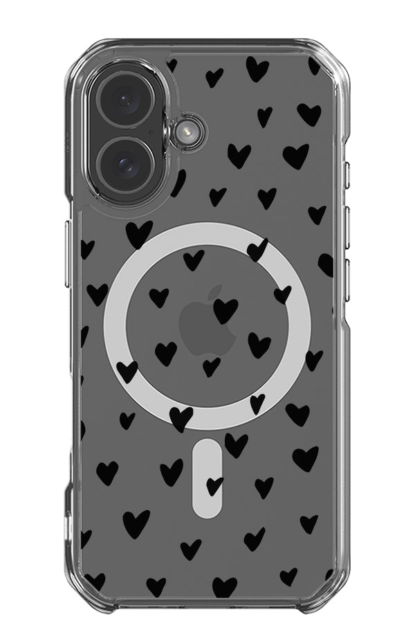 Hearts clear impact MagSafe phone case with hand drawn black hearts 