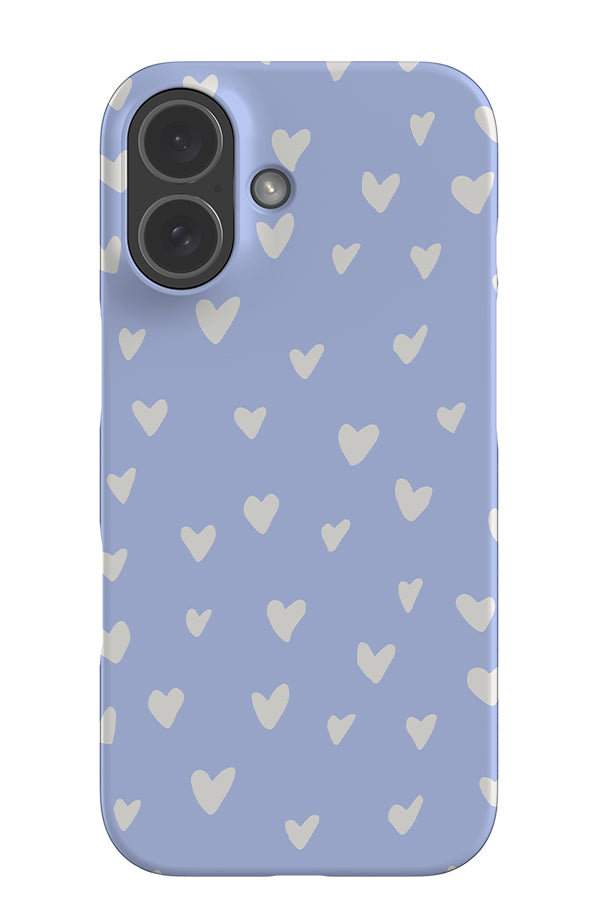 Heart snap phone case with a pastel blue background and hand drawn white hearts 