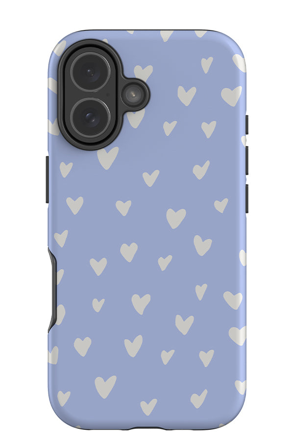 Heart tough phone case with a pastel blue background and hand drawn white hearts 