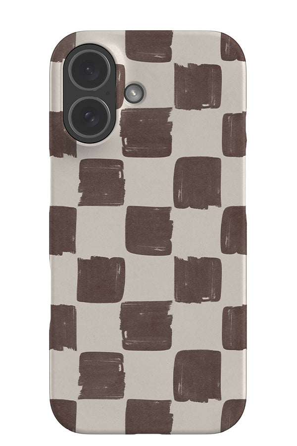 Painterly check snap phone case with a brushstroke checkered pattern in brown and beige