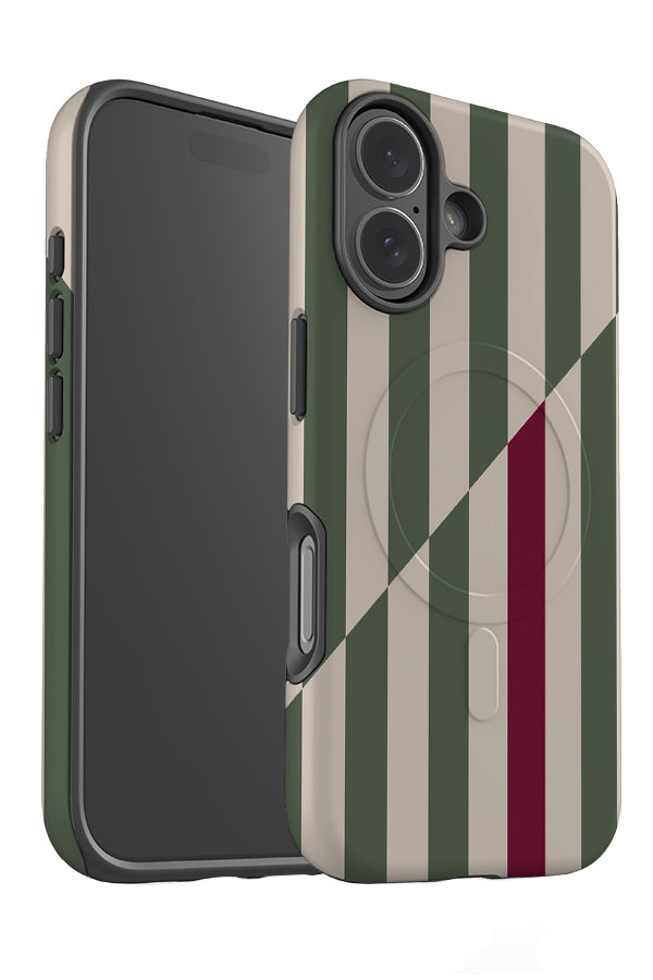 panel line stripe MagSafe phone case angle with alternating green and beige stripes with a digonal shift and a standout red stripe