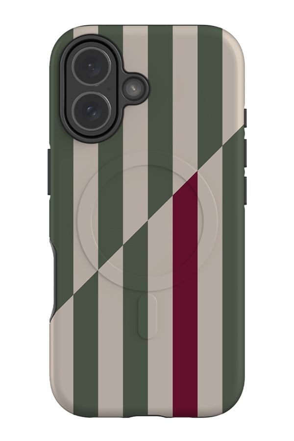panel line stripe MagSafe phone case with alternating green and beige stripes with a digonal shift and a standout red stripe