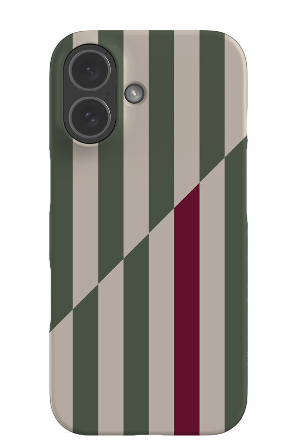 panel line stripe snap phone case with alternating green and beige stripes with a digonal shift and a standout red stripe