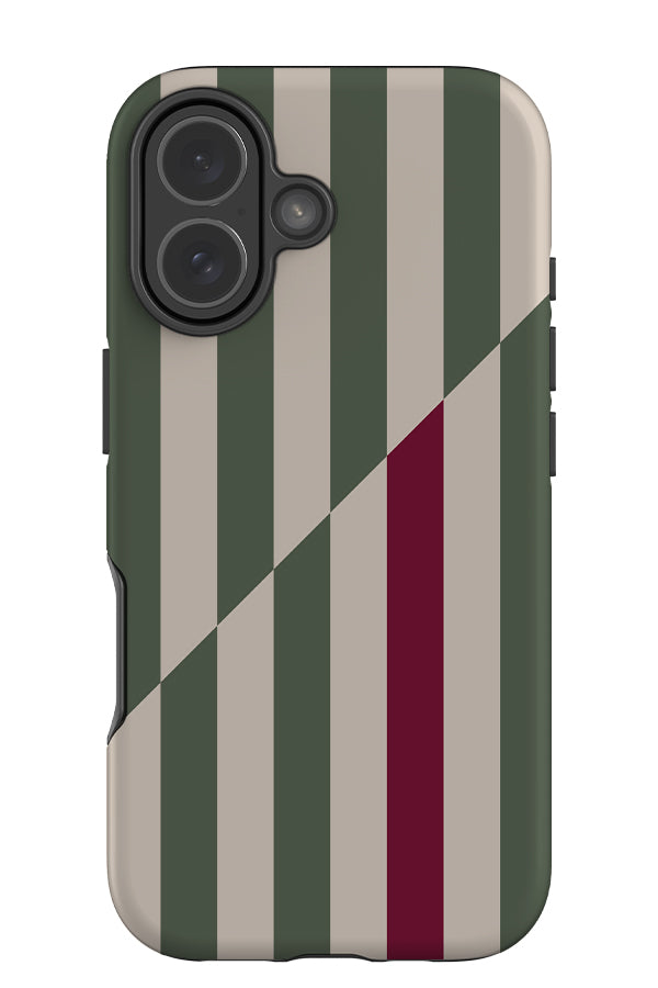 panel line stripe tough phone case with alternating green and beige stripes with a digonal shift and a standout red stripe